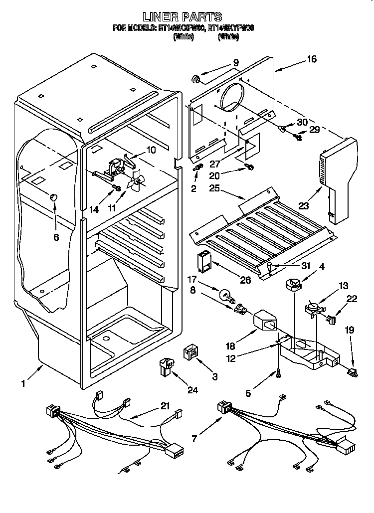 Liner Diagram and Parts List for RT14WKXFN00  Roper Refrigerator