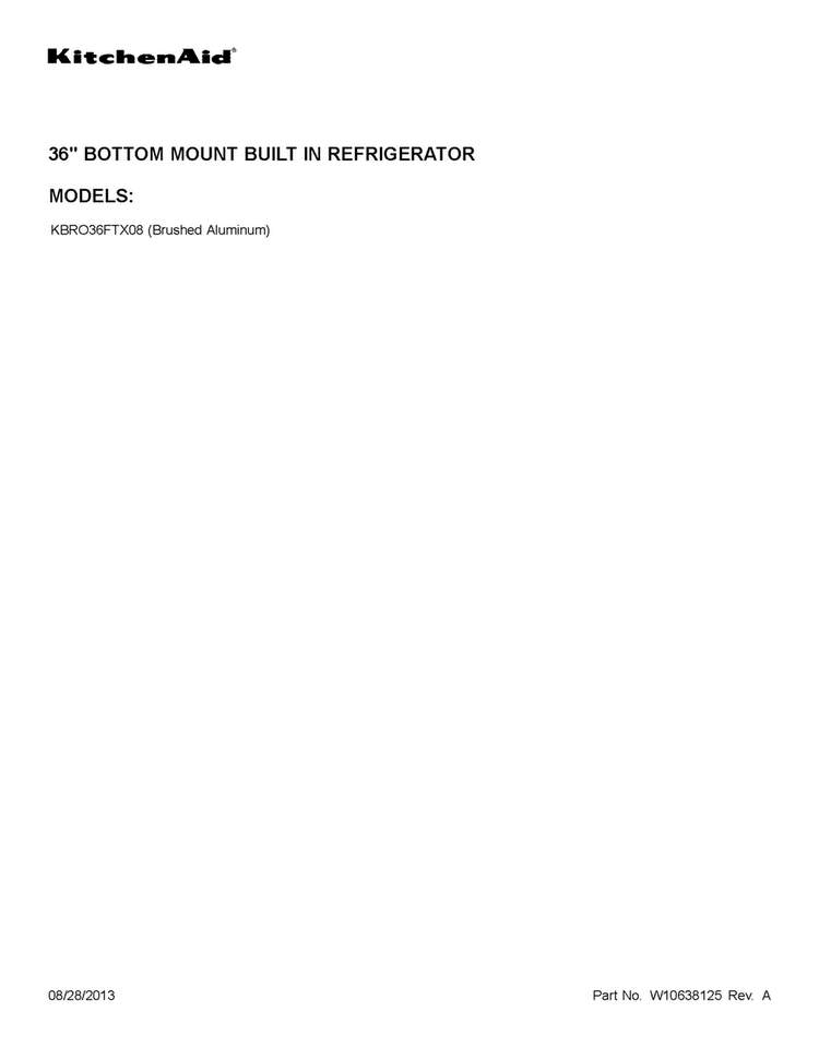 Cover Sheet Diagram and Parts List for KBRO36FTX08  KitchenAid Refrigerator