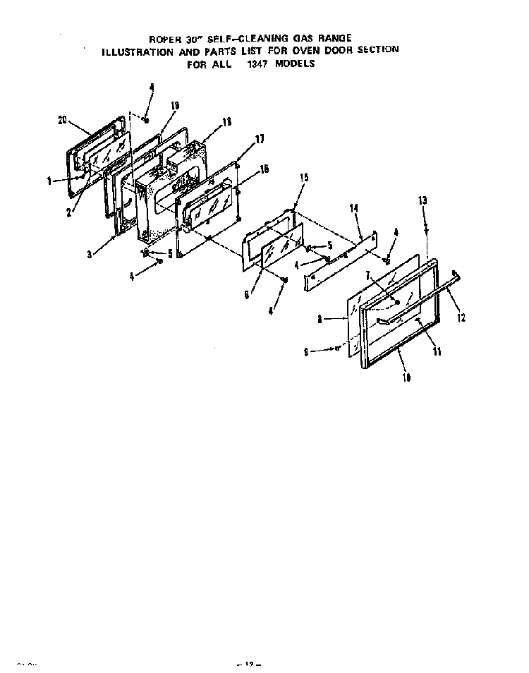 Oven Door Diagram and Parts List for 1347*0A  Roper Range