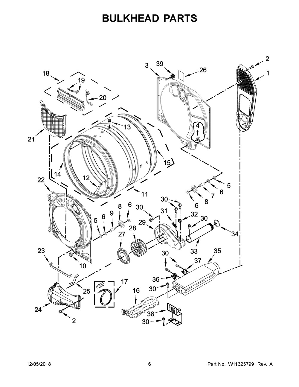 Bulkhead Parts Diagram and Parts List for YWED560LHW0  Whirlpool Dryer