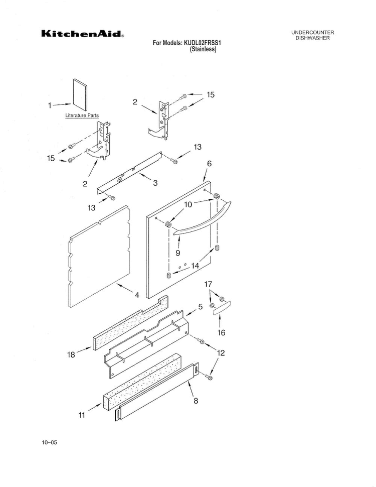 Door & Panel Diagram and Parts List for KUDL02FRSS1  KitchenAid Dishwasher
