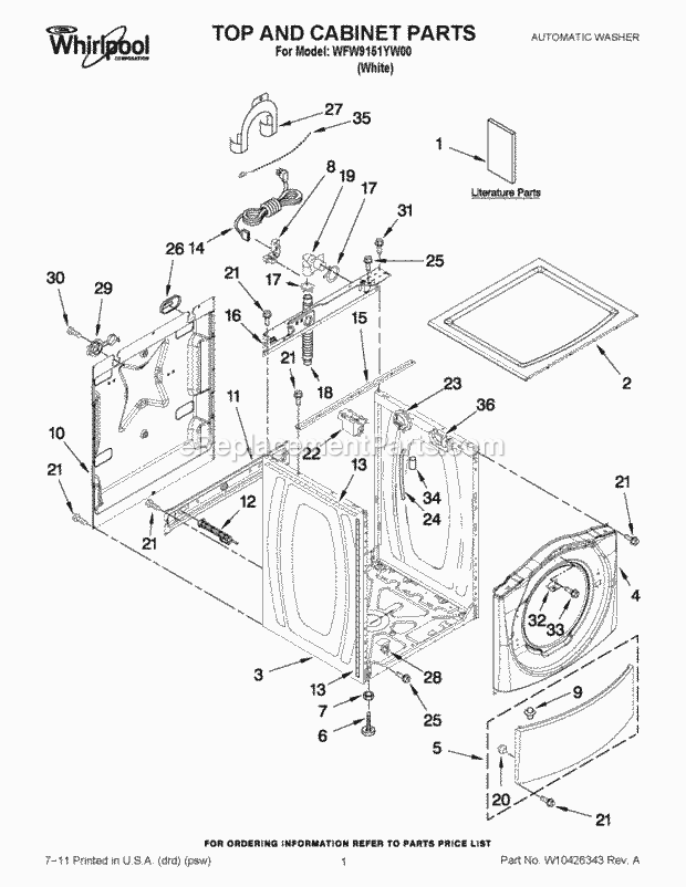 TOP AND CABINET PARTS Diagram and Parts List for WFW9151YW00  Whirlpool Washer
