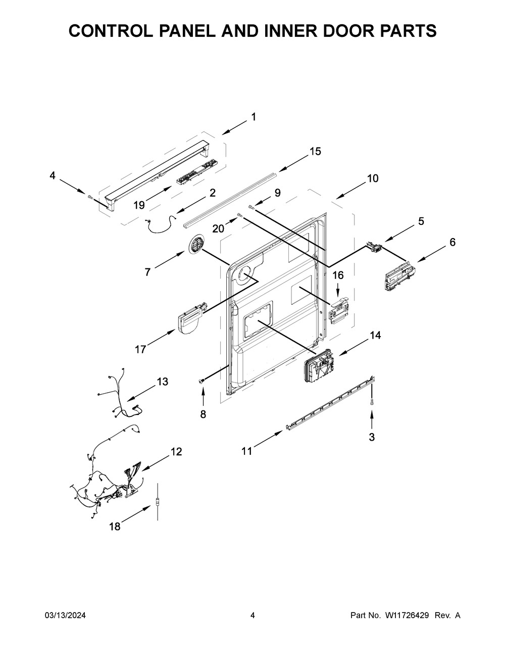 Control Panel And Inner Door Parts Diagram and Parts List for WDPA70SAMZ3  Whirlpool Dishwasher