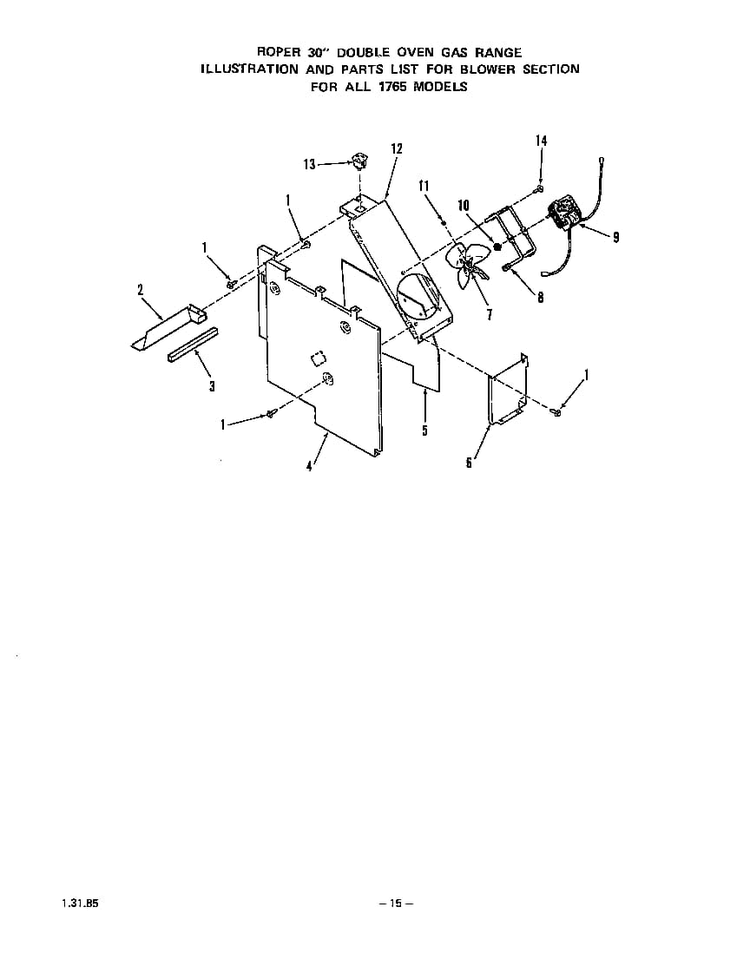 Blower Diagram and Parts List for 1765*0A  Roper Range