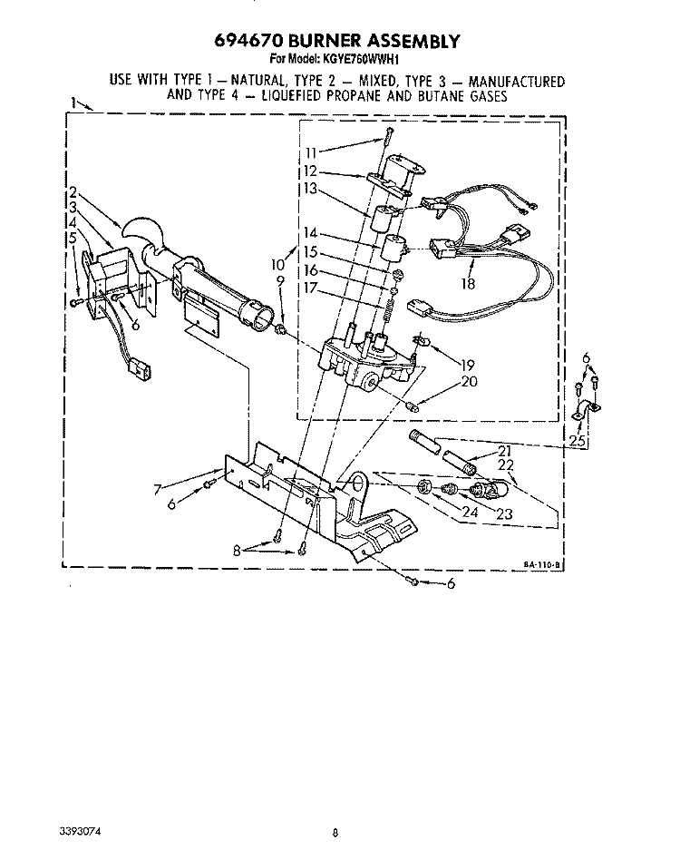 694670 BURNER ASSEMBLY Diagram and Parts List for KGYE760WAL1  KitchenAid Dryer