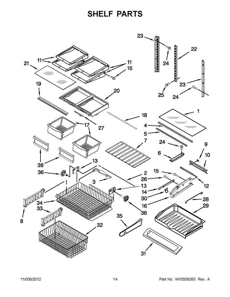 SHELF PARTS Diagram and Parts List for KBFS20EVMS13  KitchenAid Refrigerator