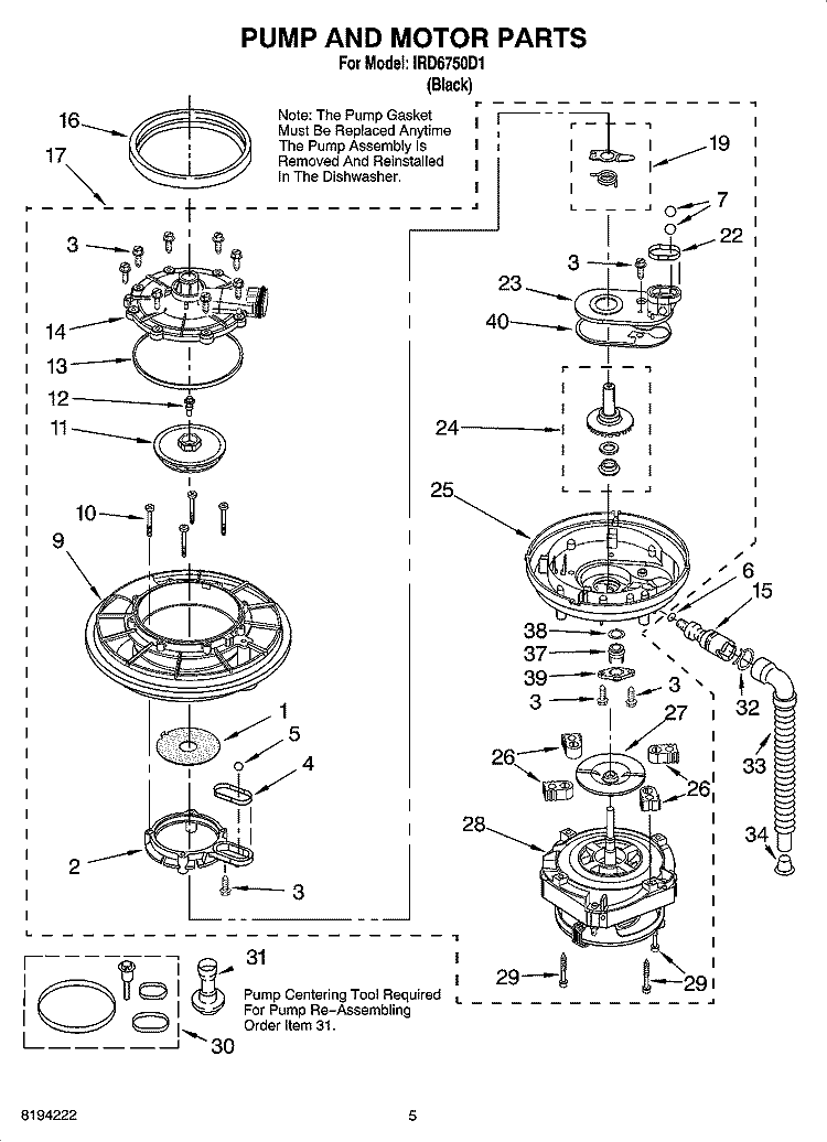 PUMP AND MOTOR PARTS Diagram and Parts List for IRD6750D1  Inglis Dishwasher