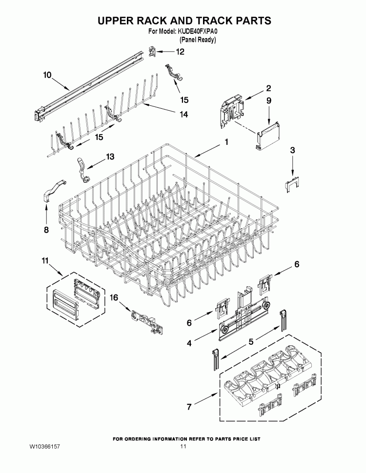 UPPER RACK AND TRACK PARTS Diagram and Parts List for KUDE40FXPA0  KitchenAid Dishwasher