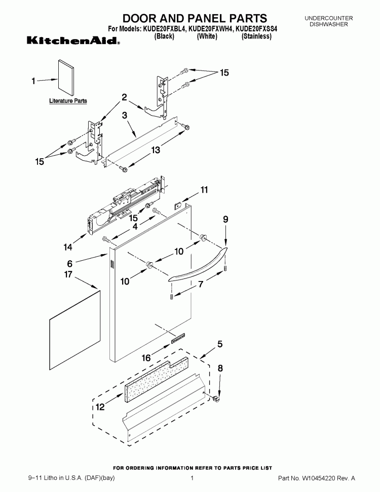 DOOR AND PANEL PARTS Diagram and Parts List for KUDE20FXSS4  KitchenAid Dishwasher