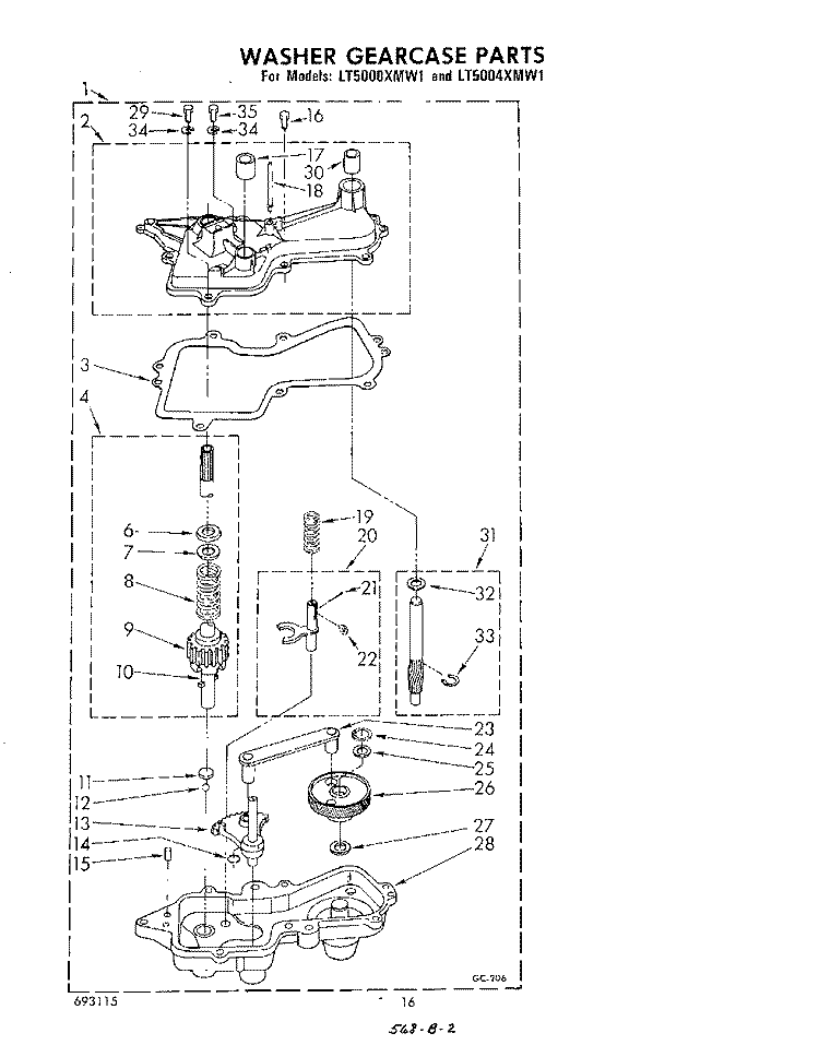 WASHER GEARCASE Diagram and Parts List for LT5000XMW1  Whirlpool Washer Dryer Combo