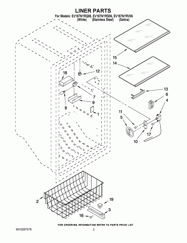 LINER PARTS Diagram and Parts List for EV187NYRV06  Whirlpool Freezer