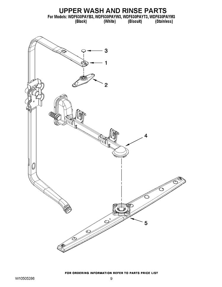 UPPER WASH AND RINSE PARTS Diagram and Parts List for WDF530PAYT3  Whirlpool Dishwasher
