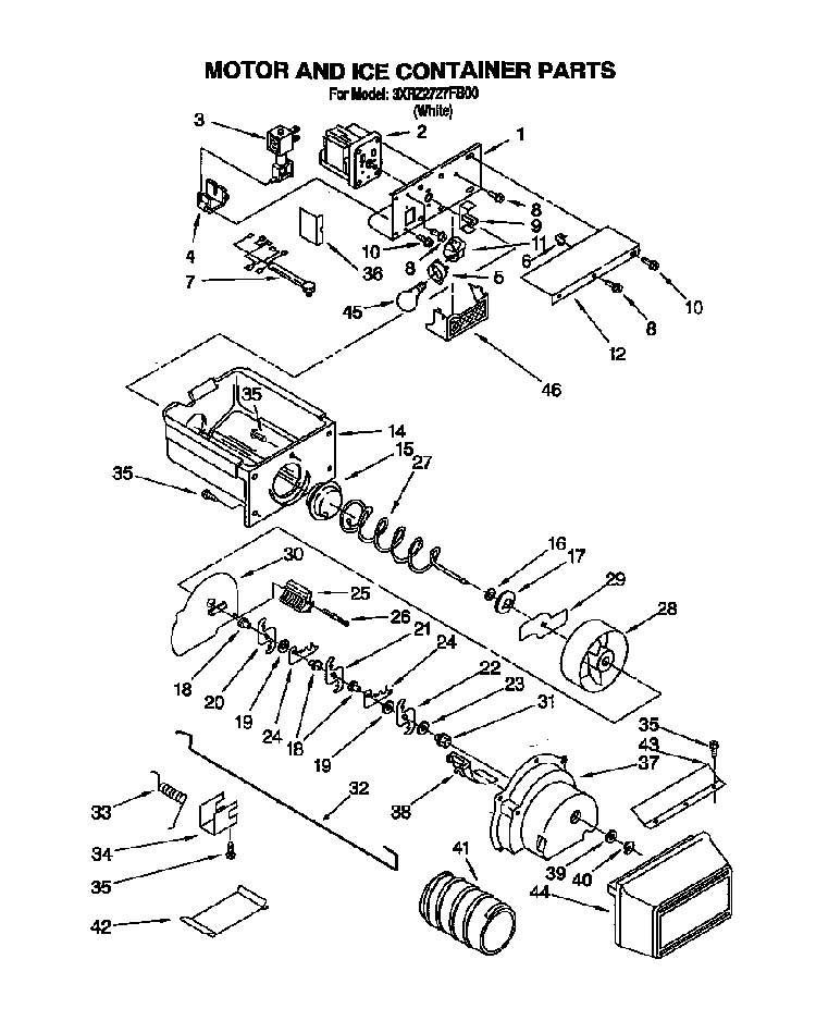 Motor And Ice Container Diagram and Parts List for 3XR2727FB00  Whirlpool Refrigerator