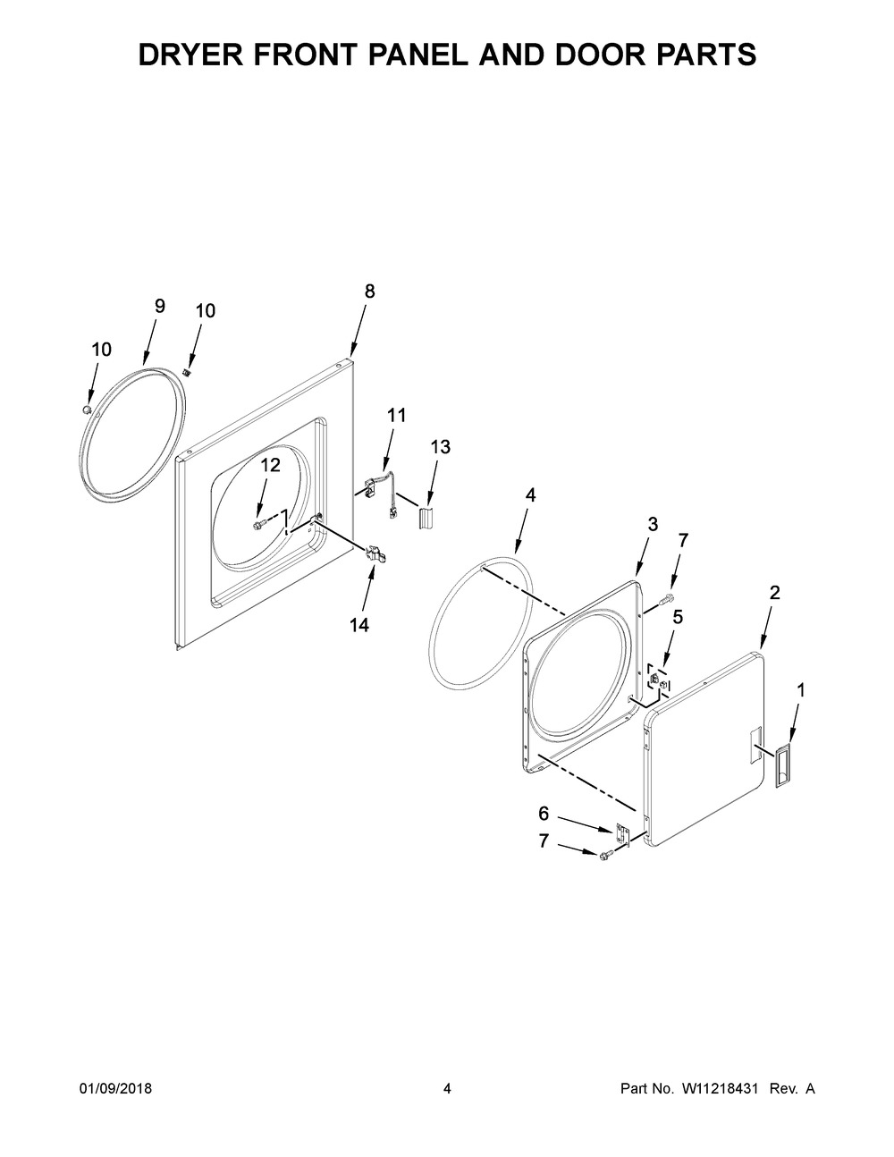 Dryer Front Panel And Door Parts Diagram and Parts List for YWET4024HW0  Whirlpool Washer Dryer Combo