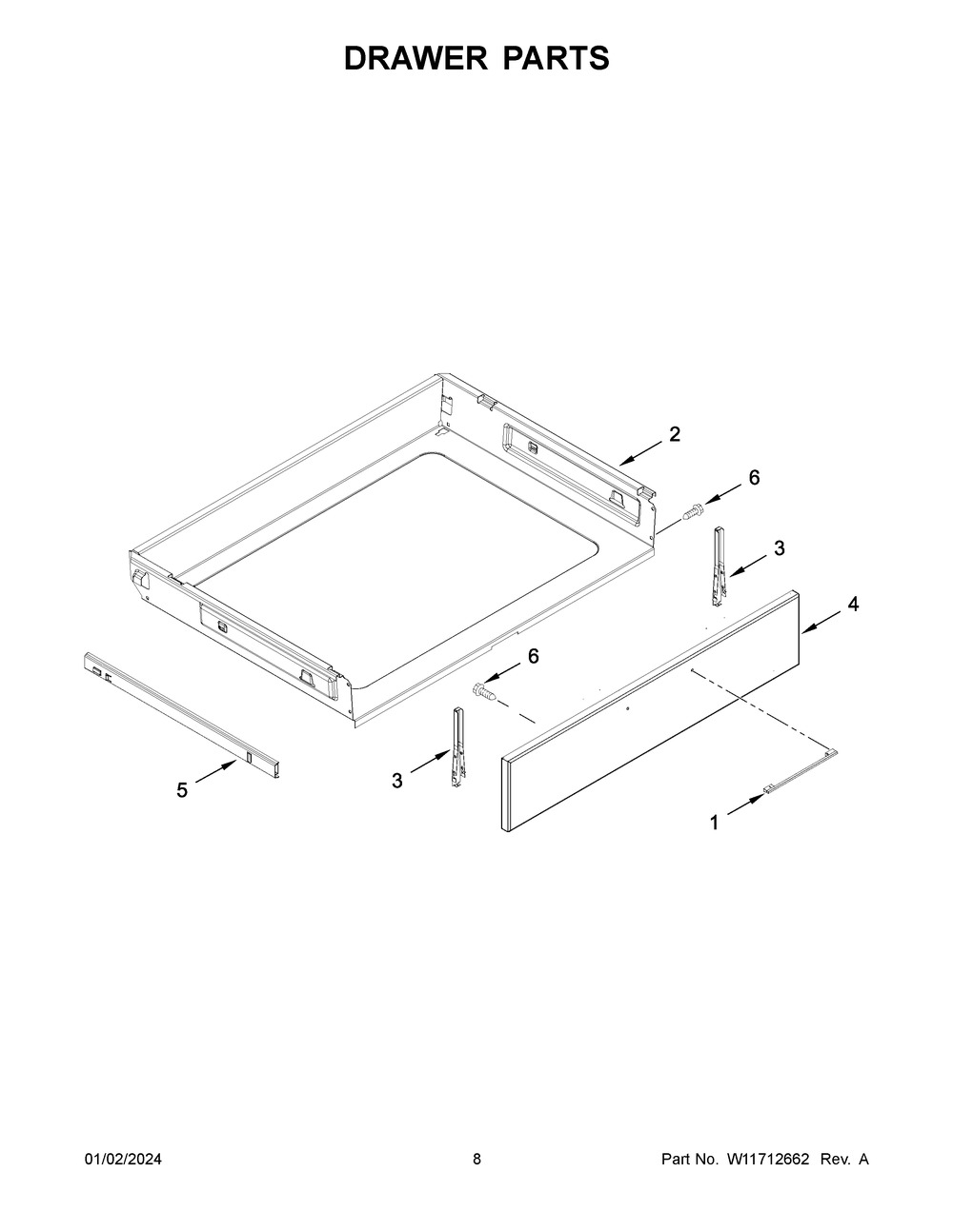 Drawer Parts Diagram and Parts List for WEEA25H0HZ5  Whirlpool Range