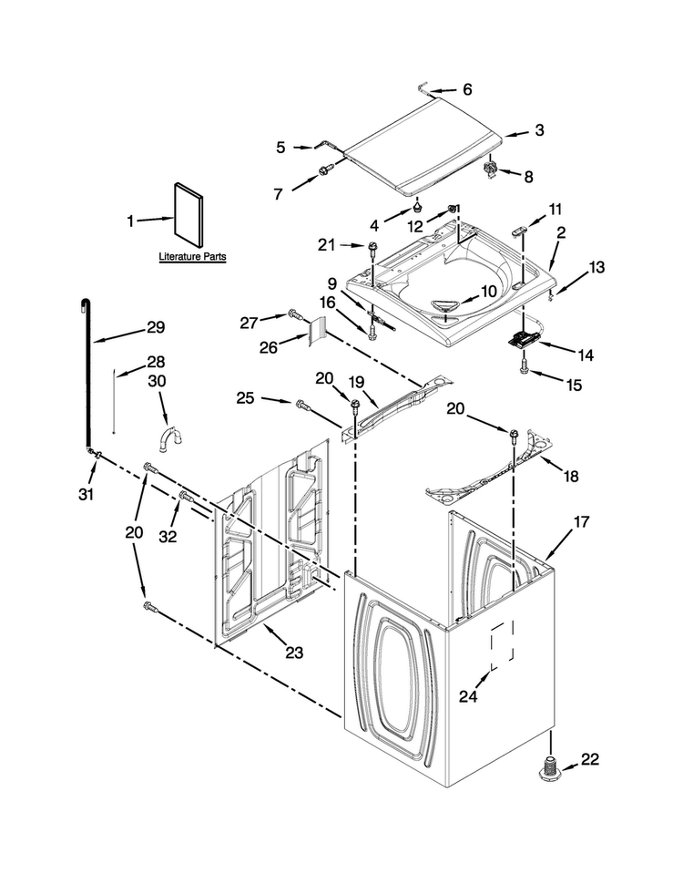 Top And Cabinet Parts Diagram and Parts List for WTW5810BW0  Whirlpool Washer
