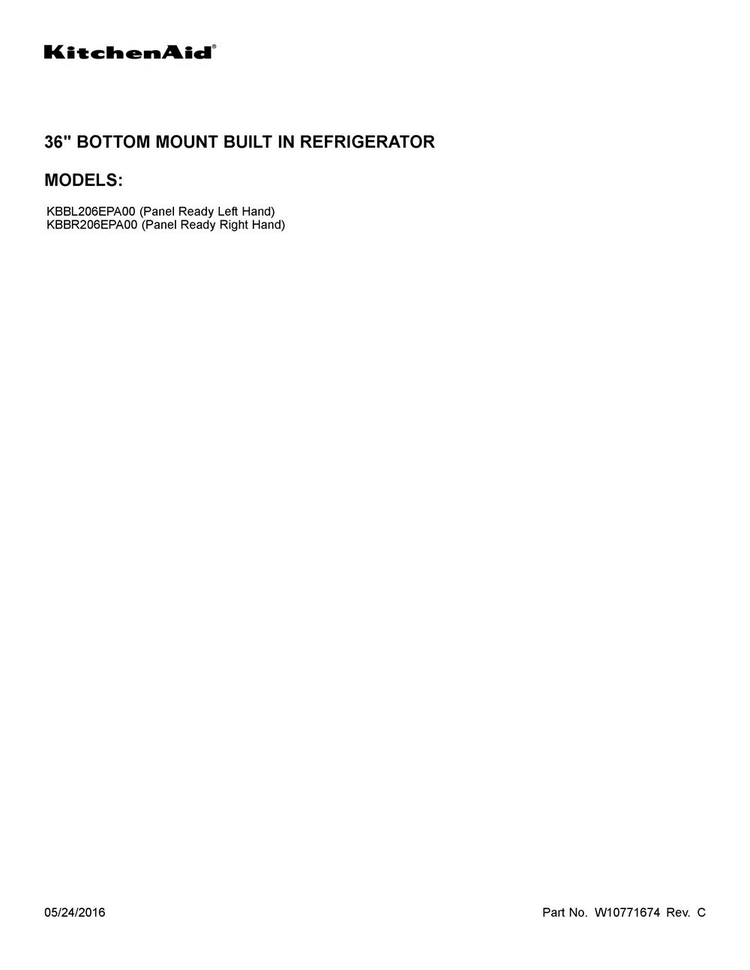 Cover Sheet Diagram and Parts List for KBBL206EPA00  KitchenAid Refrigerator