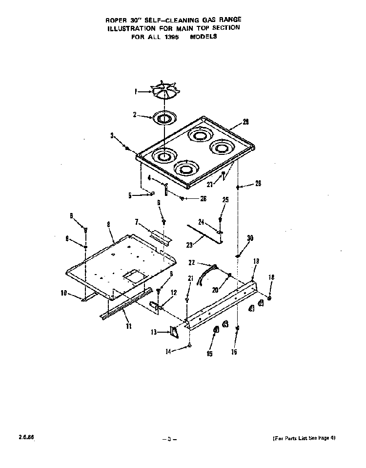 Main Top Diagram and Parts List for 1395*1A  Roper Range