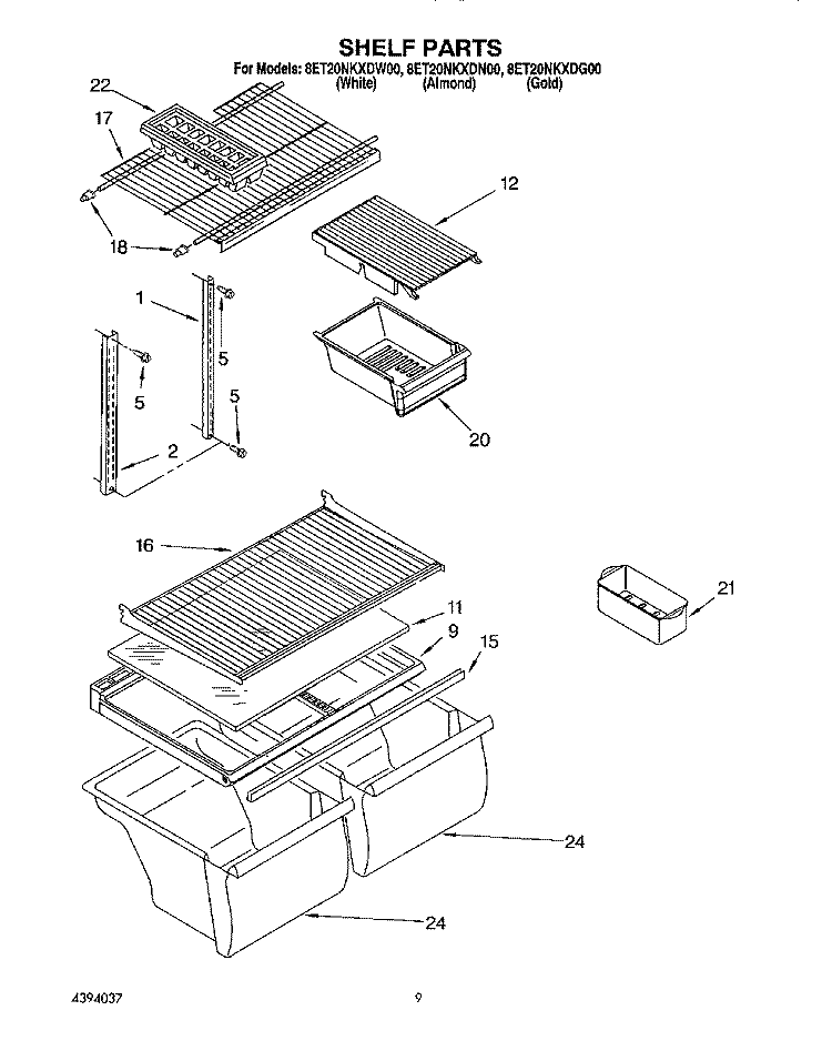 SHELF, LIT/OPTIONAL Diagram and Parts List for 8ET20NKXDN00  Whirlpool Refrigerator