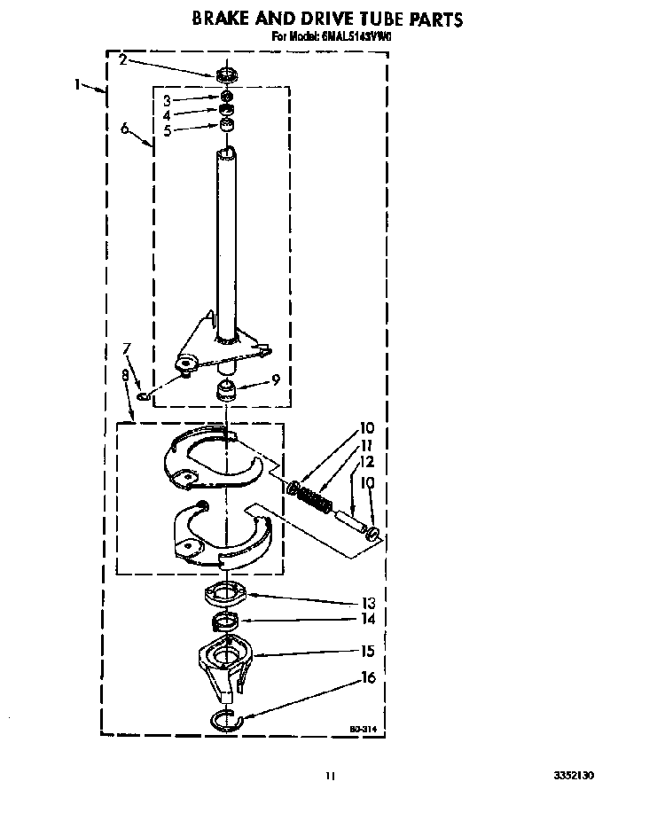 Brake And Drive Tube Diagram and Parts List for 6MAL5143VW0  Whirlpool Washer