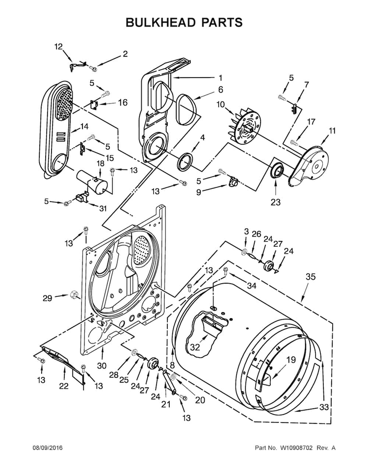 Bulkhead Parts Diagram and Parts List for 7MWGD1850EI1  Whirlpool Dryer