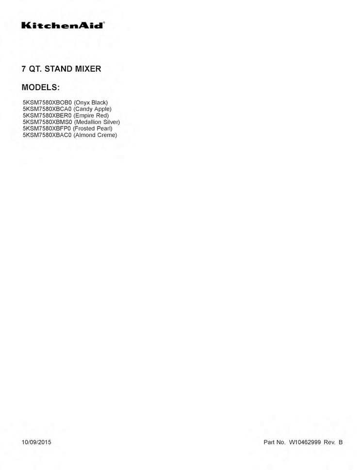 Cover Sheet Diagram and Parts List for 5KSM7580XBAC0  KitchenAid Mixer