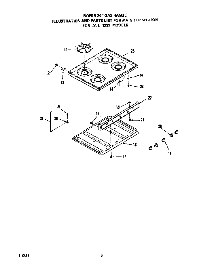 Main Top Diagram and Parts List for 1233*2A  Roper Range
