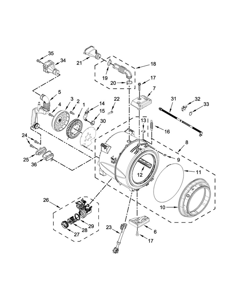 Tub And Basket Parts Diagram and Parts List for 7MWFW75HEFW0  Whirlpool Washer