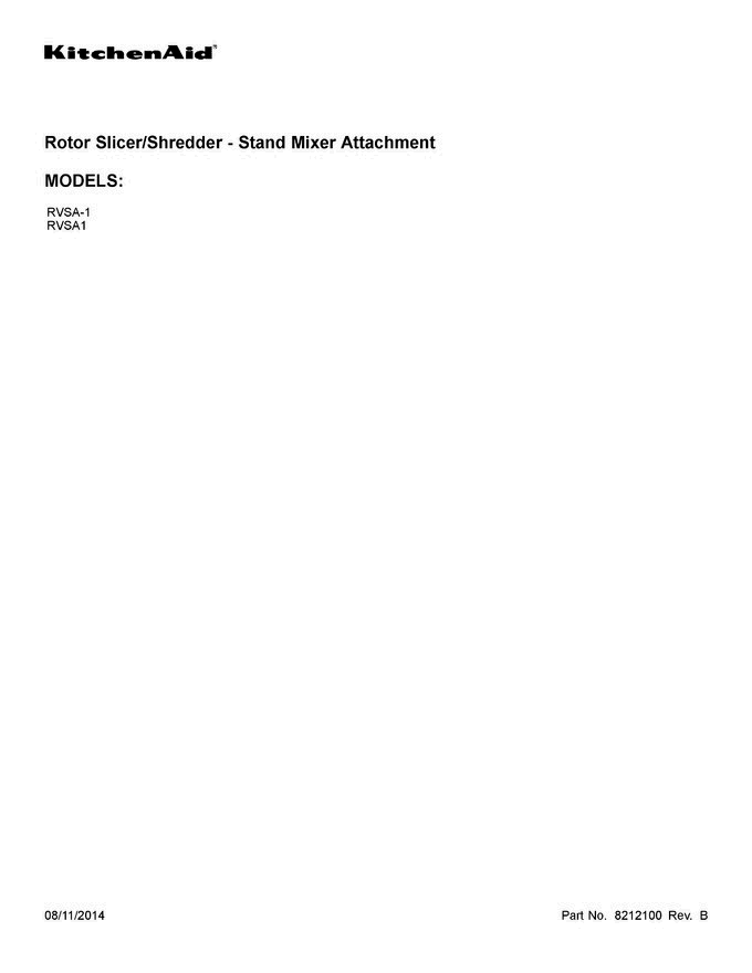 01 - Cover Sheet Diagram and Parts List for RVSA1  KitchenAid Mixer