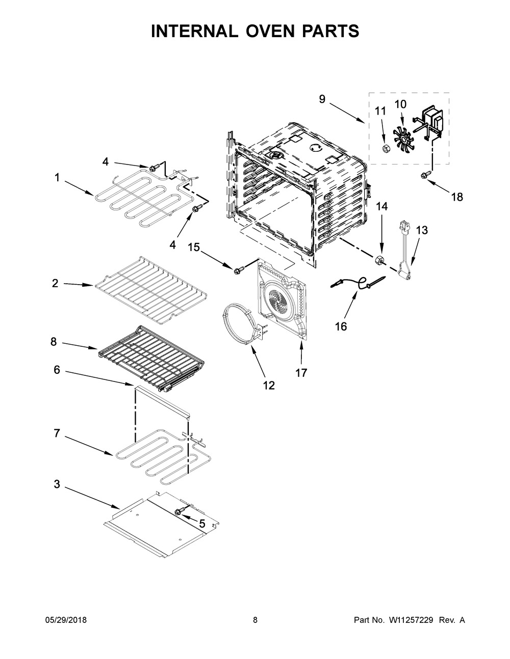 Internal Oven Parts Diagram and Parts List for WOC97ES0ES04  Whirlpool Microwave Oven Combo