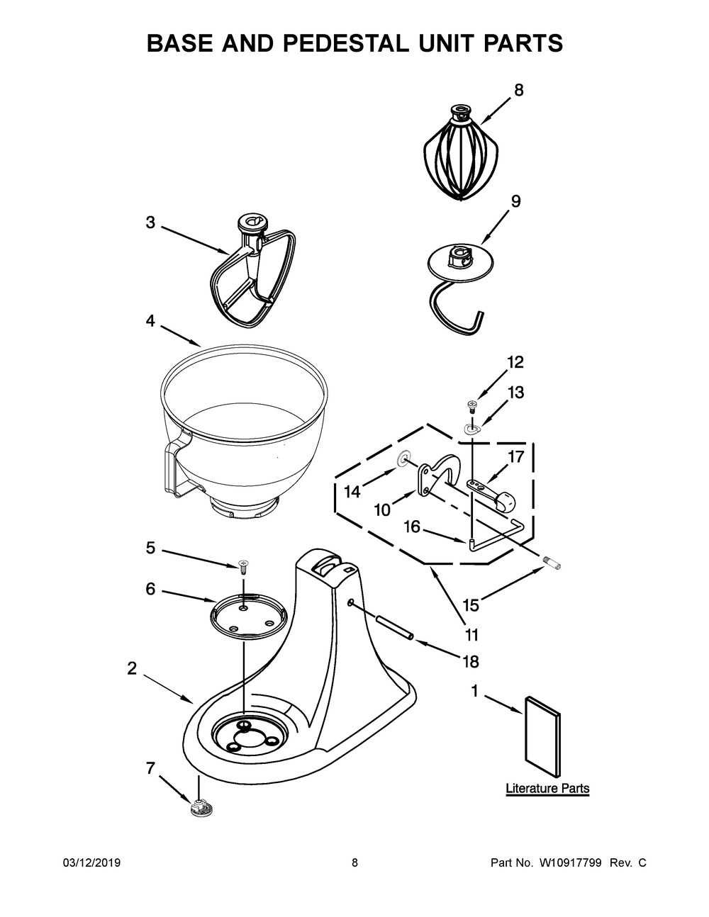 Base And Pedestal Unit Parts Diagram and Parts List for KSM96MF0  Whirlpool Mixer
