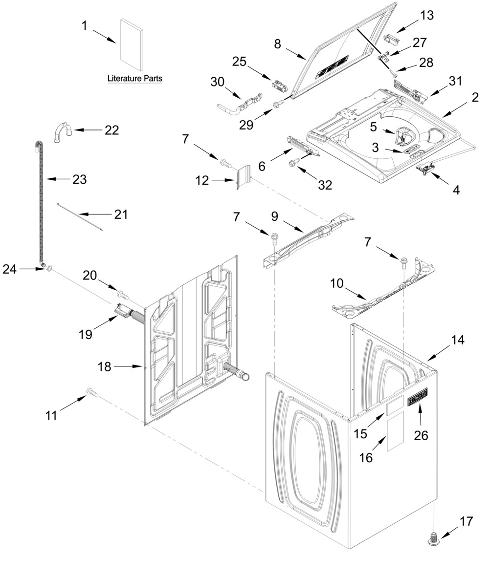 Top And Cabinet Parts Diagram and Parts List for MTW4200SW0  Whirlpool Washer
