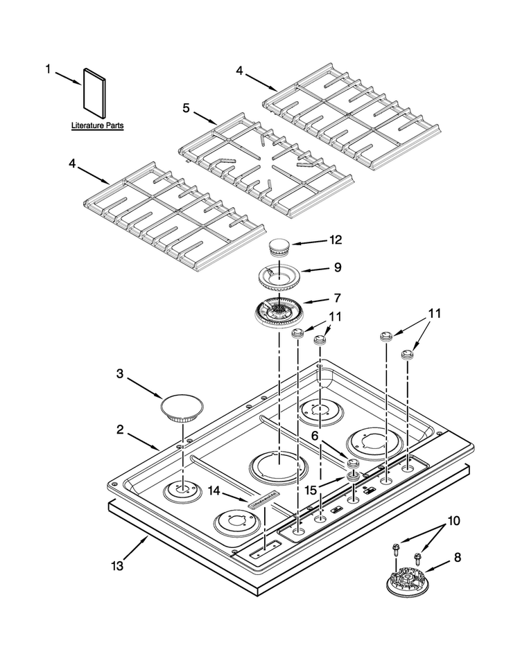 Cooktop, Burner And Grate Parts Diagram and Parts List for KFGU706VSS04  KitchenAid Cooktop
