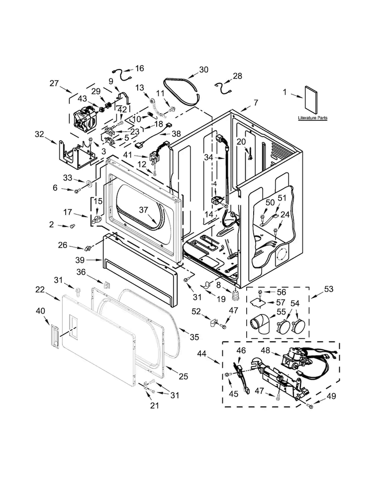 Lower Cabinet And Front Panel Parts Diagram and Parts List for CSP2861TQ0  Whirlpool Dryer