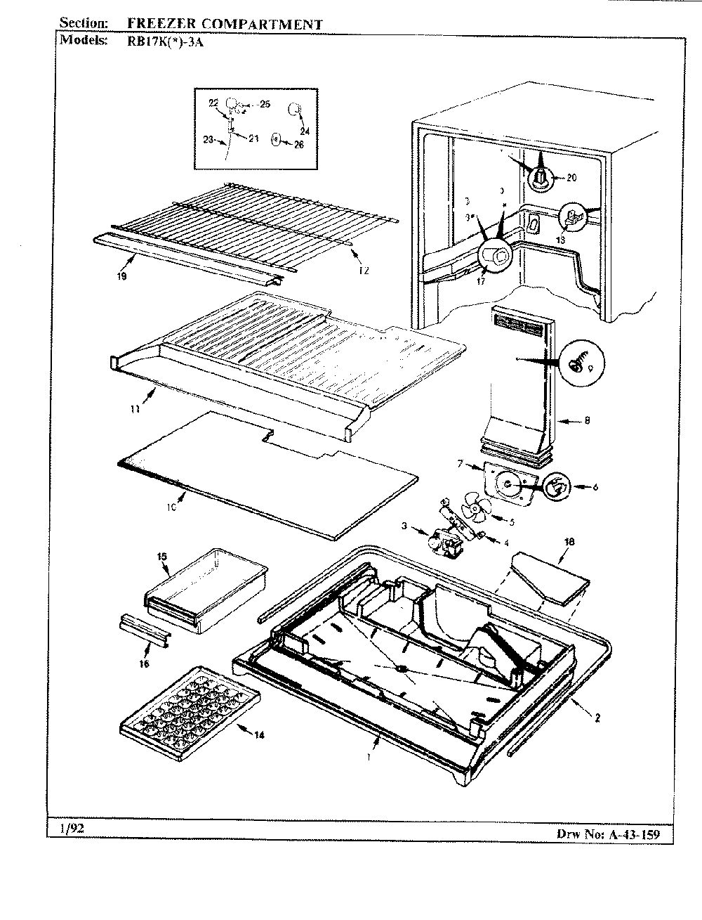02 - Freezer Compartment Diagram and Parts List for RB17KA-3A  Whirlpool Refrigerator