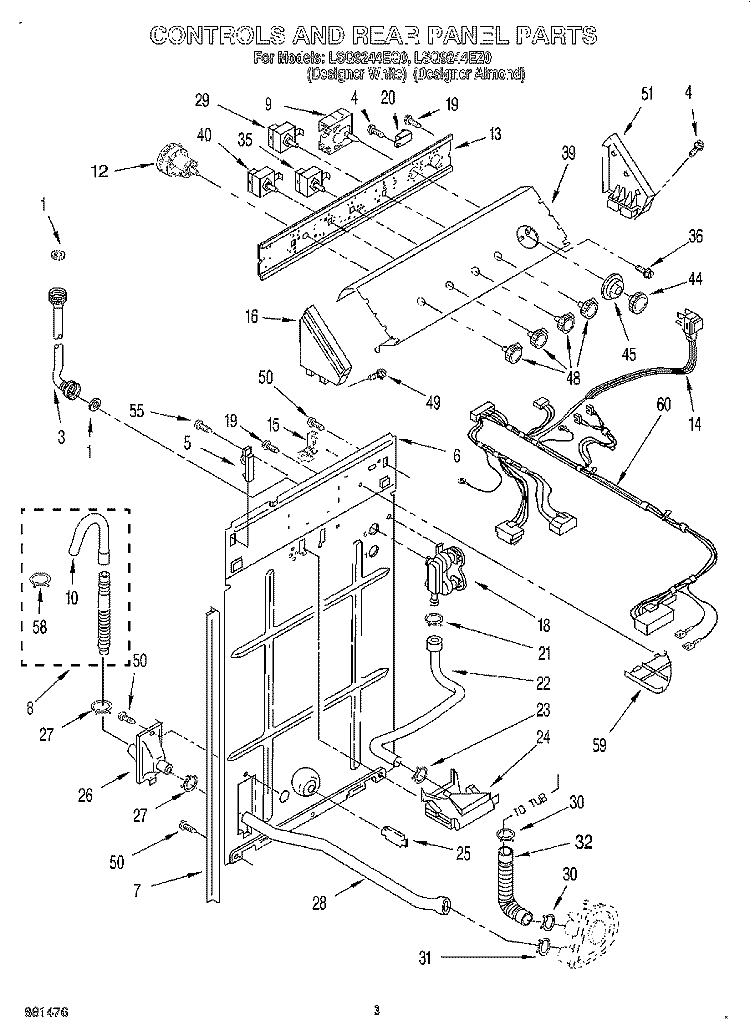 CONTROLS AND REAR PANEL Diagram and Parts List for LSQ9244EQ0  Whirlpool Washer
