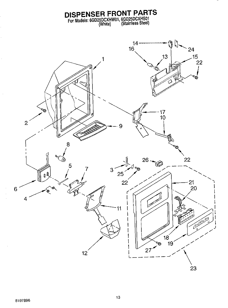 DISPENSER FRONT Diagram and Parts List for 6GD25DCXHS01  Whirlpool Refrigerator
