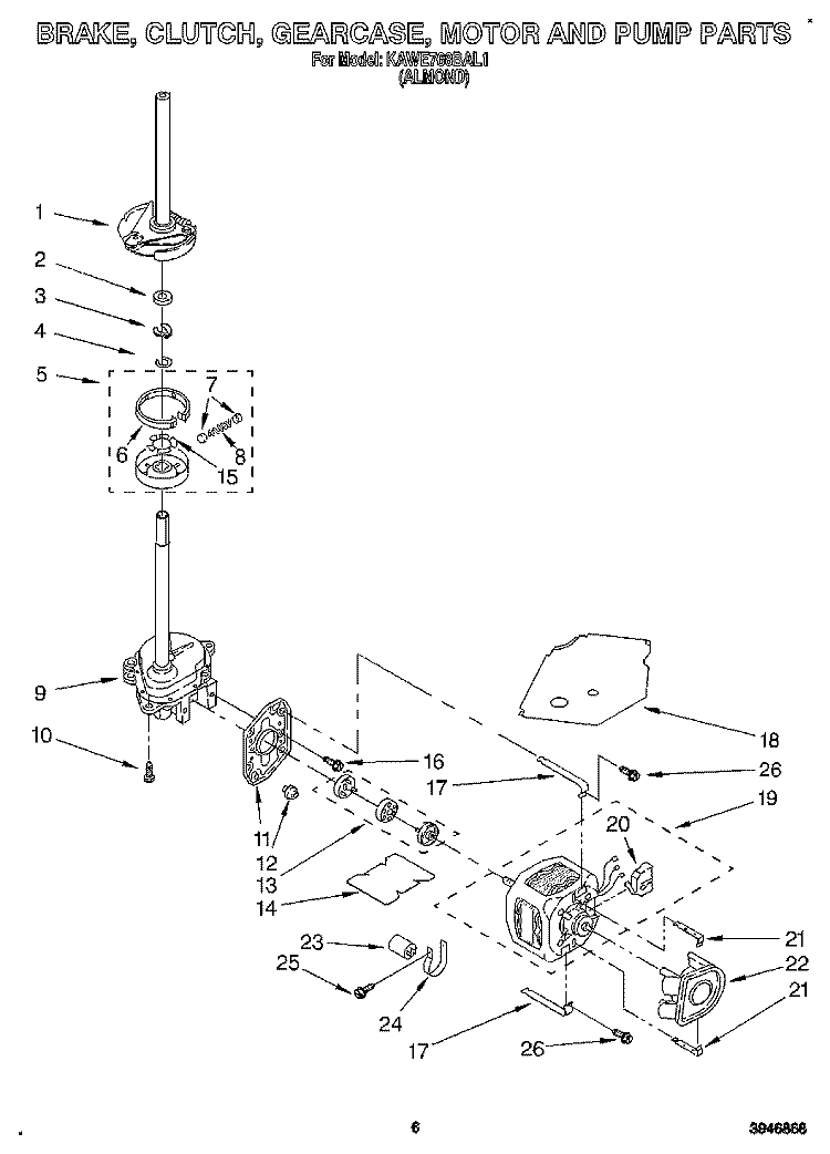 BRAKE, CLUTCH, GEARCASE, MOTOR AND PUMP Diagram and Parts List for KAWE768BAL1  KitchenAid Washer