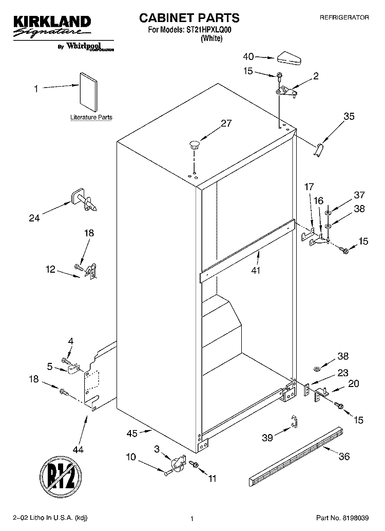 CABINET, LITERATURE Diagram and Parts List for ST21HPXLQ00  Whirlpool Refrigerator