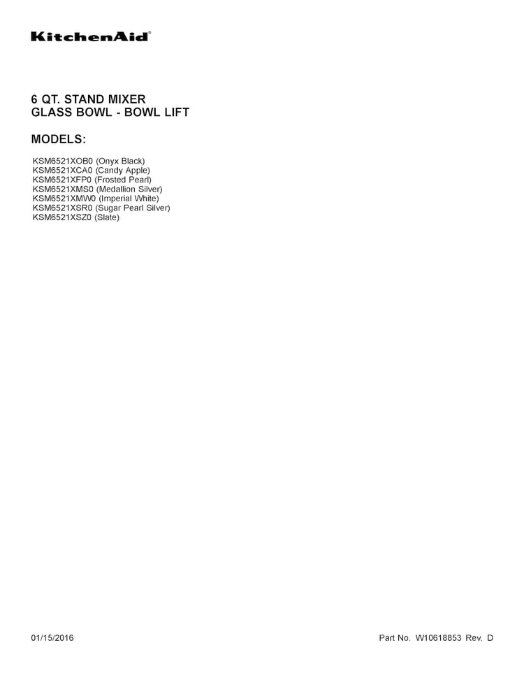 Cover Sheet Diagram and Parts List for KSM6521XMW0  KitchenAid Mixer