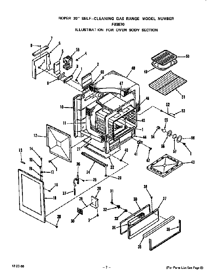 Oven Body Diagram and Parts List for F8957*0  Roper Range