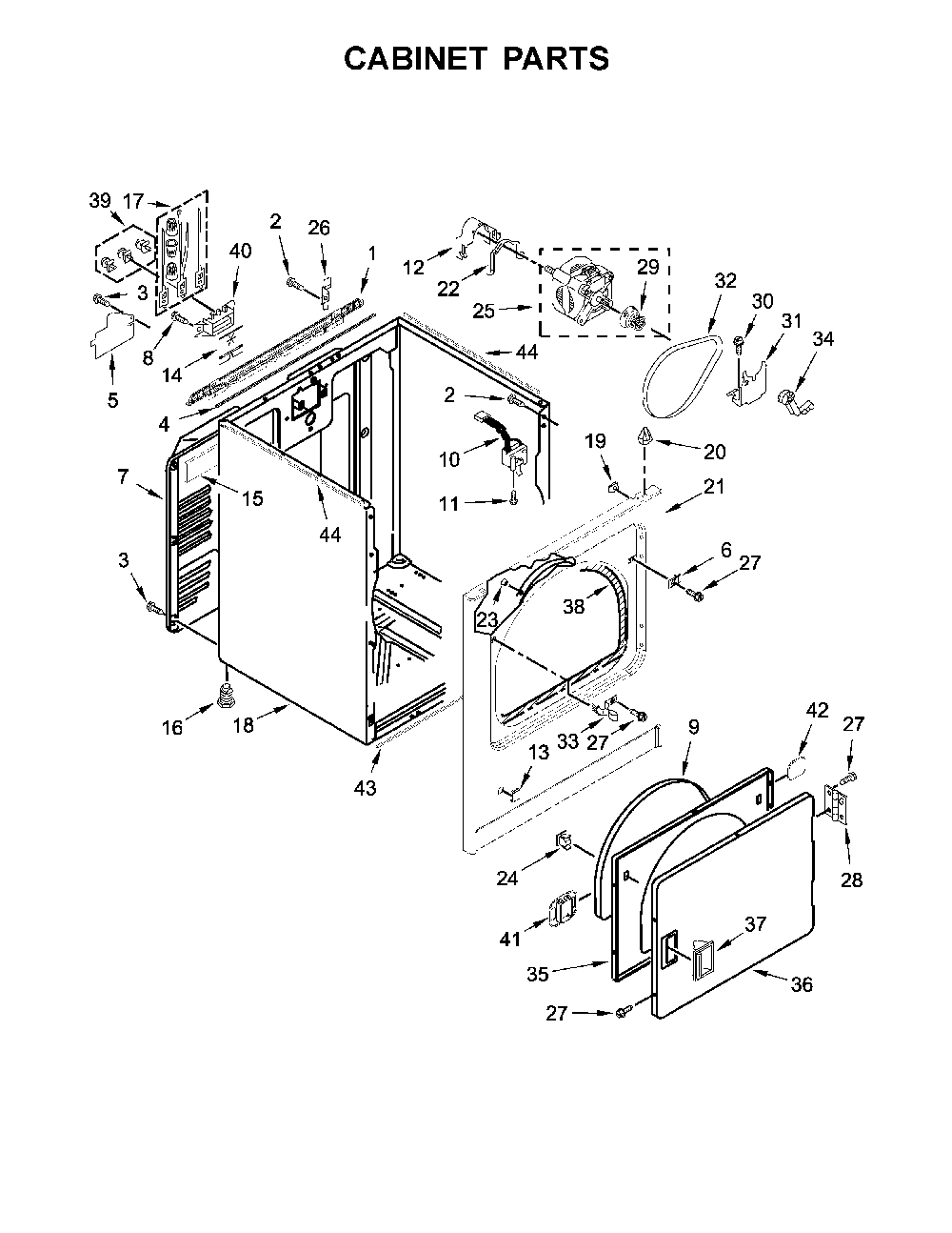 Cabinet parts Diagram and Parts List for 110C67132411  Kenmore Dryer