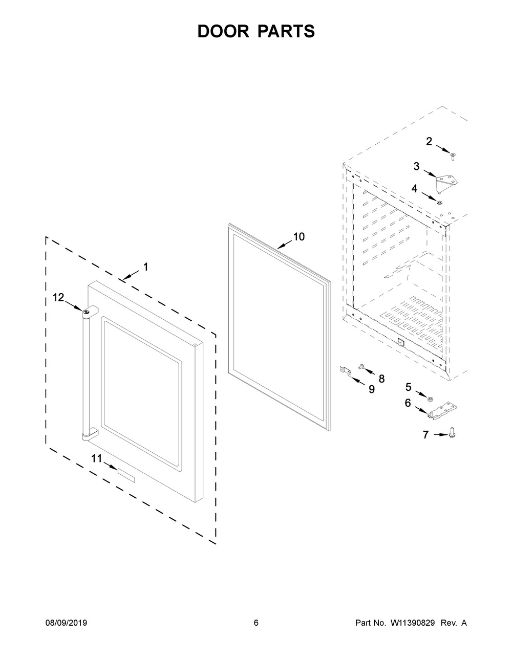 Door Parts Diagram and Parts List for KUBR304EBS01  Whirlpool Wine and Beverage Cooler