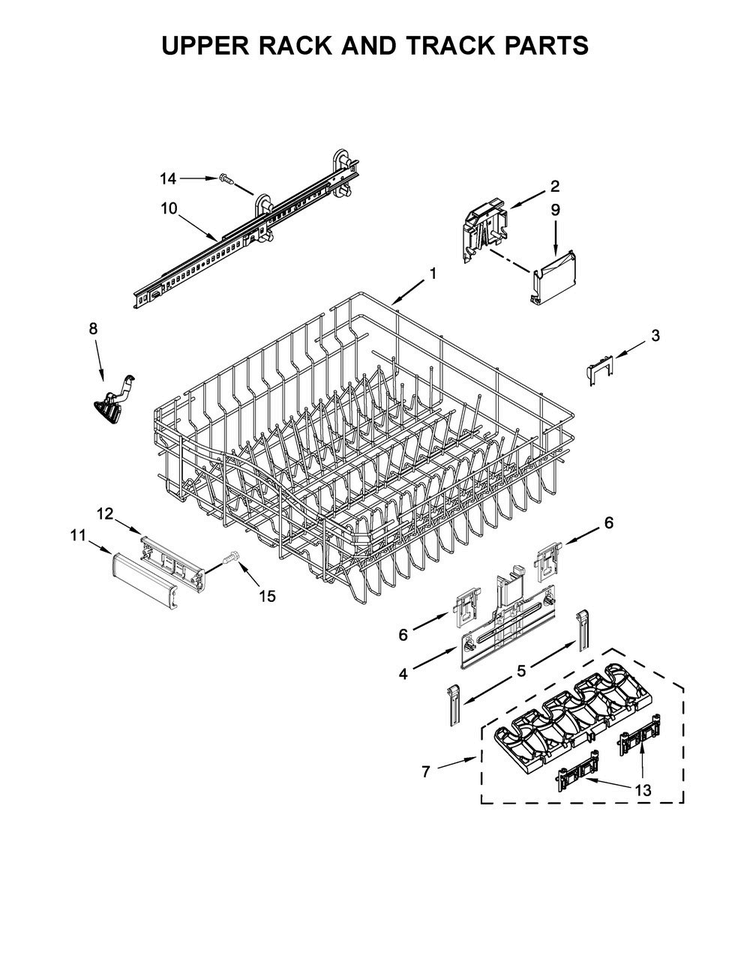 Upper Rack And Track Parts Diagram and Parts List for KDTE204EBL4  KitchenAid Dishwasher