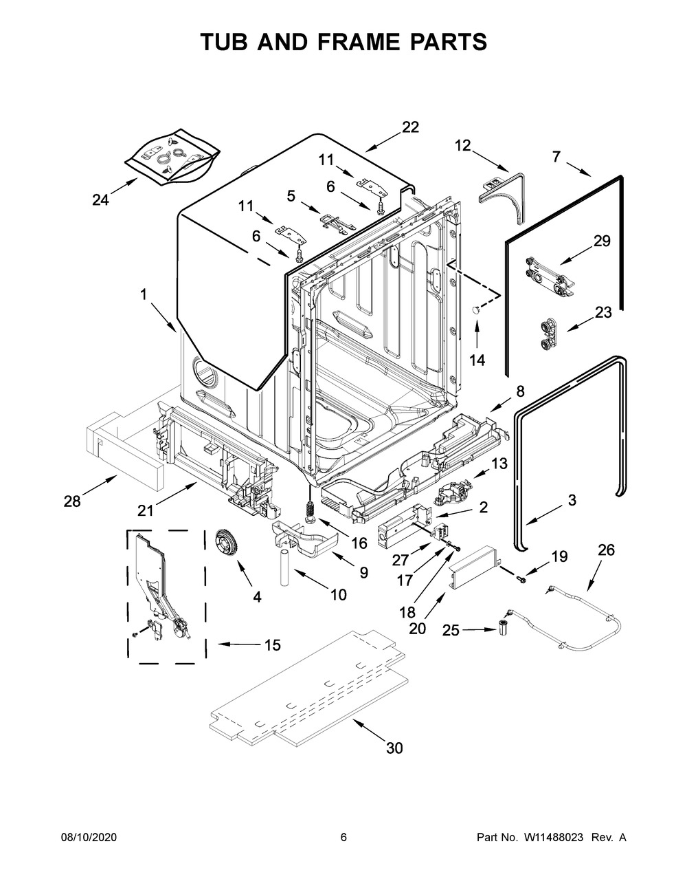 Tub And Frame Parts Diagram and Parts List for KDTE204KBL0  Whirlpool Dishwasher