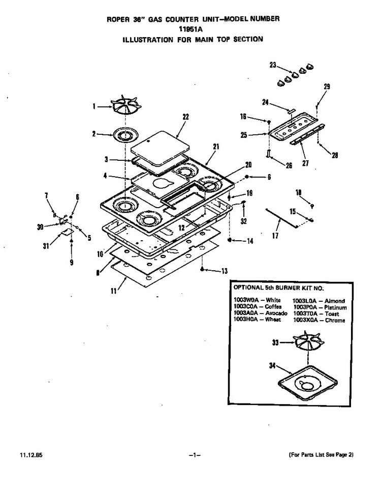 Cooktop Diagram and Parts List for 1195*1A  Roper Cooktop
