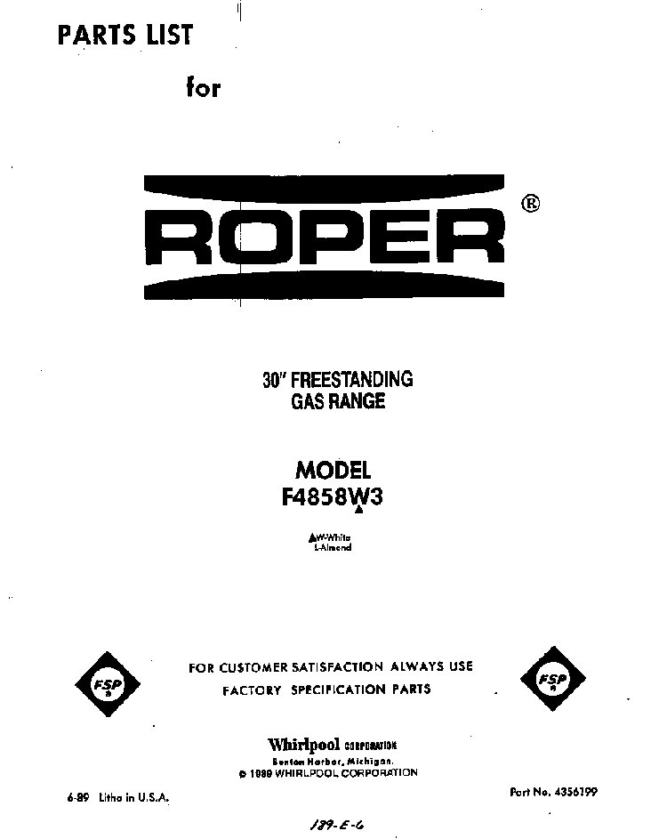Front Cover Diagram and Parts List for F4858*3  Roper Range