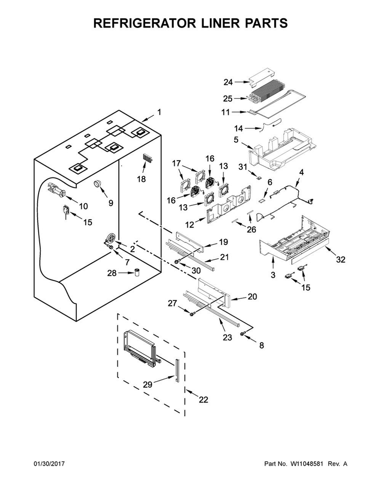 Refrigerator Liner Parts Diagram and Parts List for KBBR206EPA01  KitchenAid Refrigerator