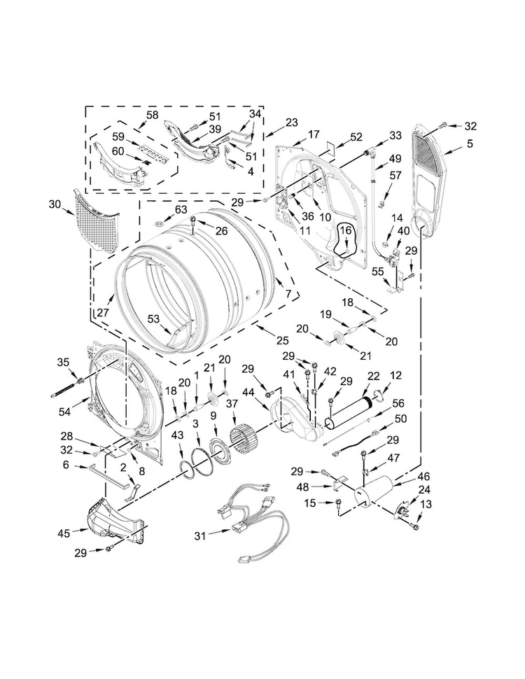 Bulkhead Parts Diagram and Parts List for 7MWGD90HEFC0  Whirlpool Dryer
