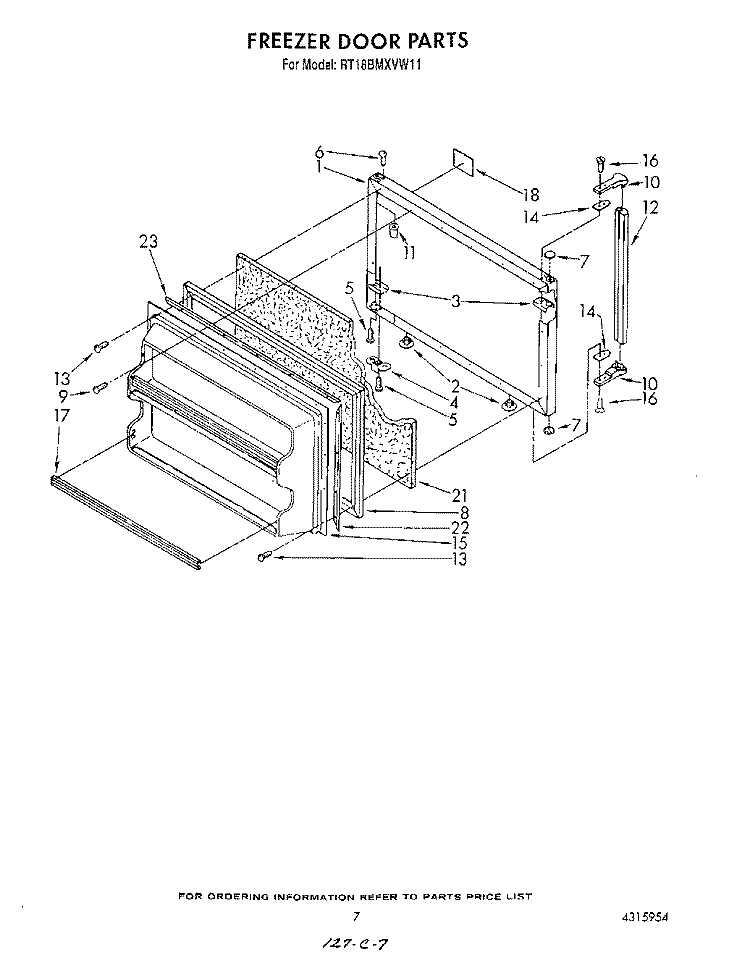 FREEZER DOOR Diagram and Parts List for RT18BMXVW11  Roper Refrigerator